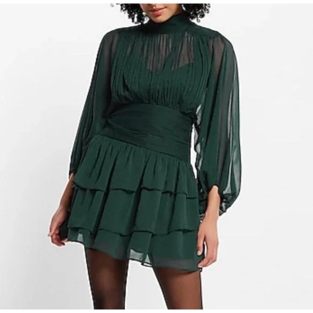 Express Dark Green Long-Sleeve Tiered Midi Dress - Picture 1 of 8